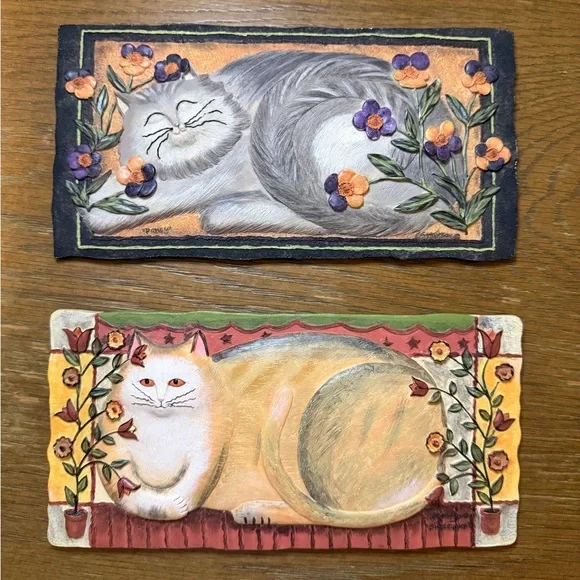 Set of 2 E. Smithson Cat Folk Art Resin Wall 3D Plaque Home Decor 8X4" - Picture 1 of 5